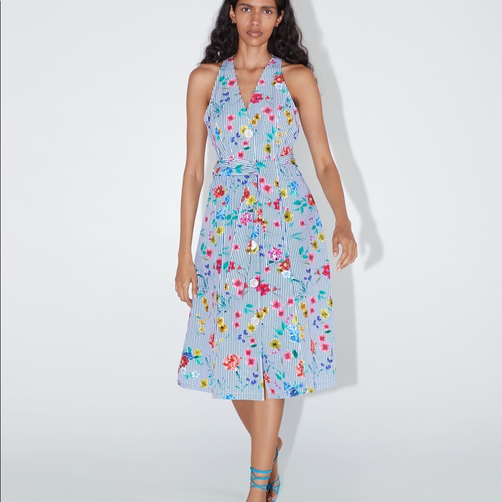 Zara FLORAL STRIPED V-NECK A-Line DRESS w/ Belt & Pockets BLUE/WHITE Size S NEW